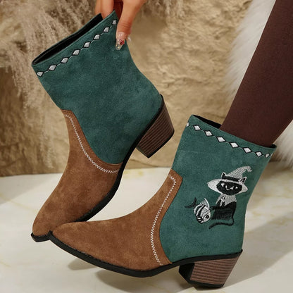 Black Western cowboy boots with embroidered design, Trendsi shoes, showcasing traditional Western style and intricate embroidery details.