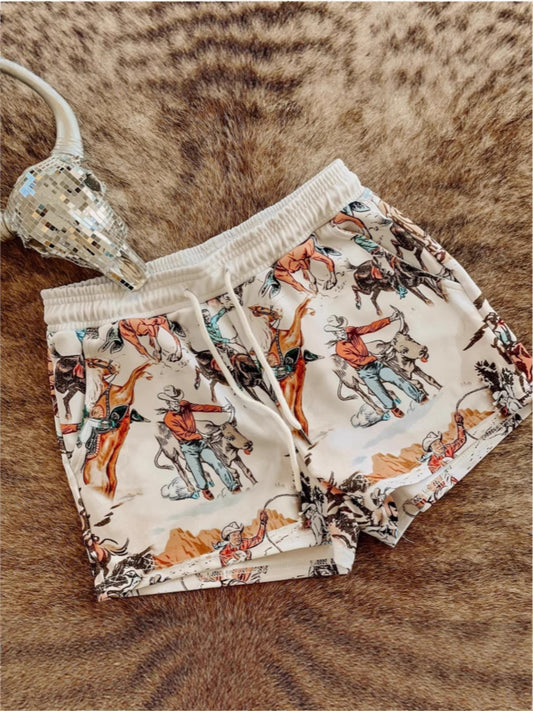 Wild West rodeo print drawstring shorts from Trendsi featuring a colorful western-themed design and comfortable fit.