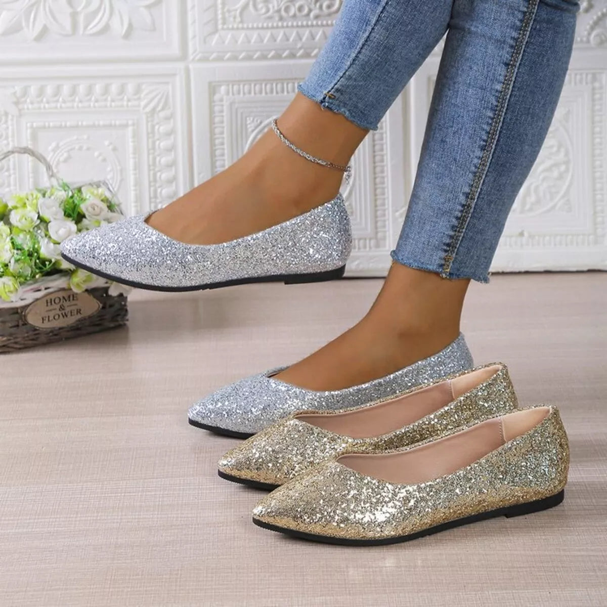 Silver point toe flats slip-ons by Trendsi, featuring a sleek design and comfortable fit for stylish everyday wear.