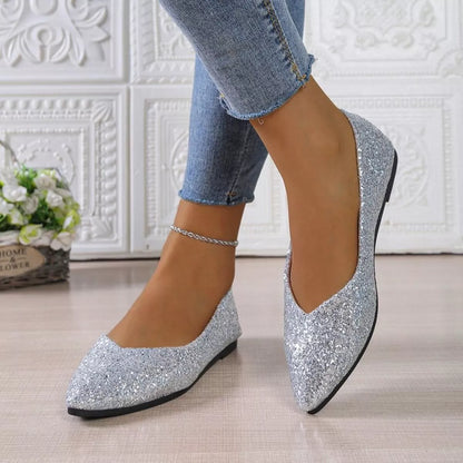Silver point toe flats slip-ons by Trendsi, stylish and comfortable women's footwear with a sleek, pointed toe design.