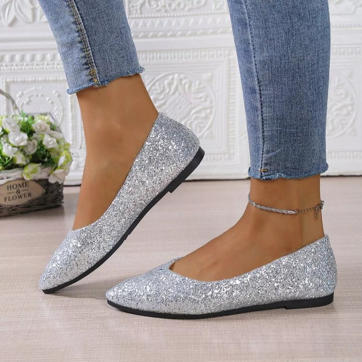 Silver point toe flats slip-ons by Trendsi featuring a sleek design and comfortable fit, perfect for casual or professional wear.
