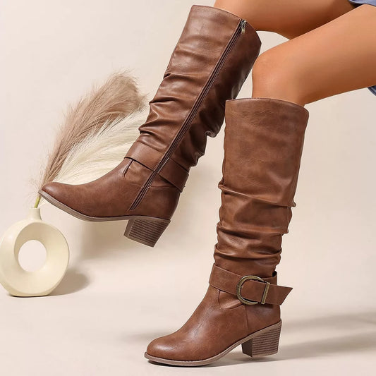 Trendsi round toe block heel boots with stylish design, featuring a sleek silhouette and sturdy heel for versatile wear.