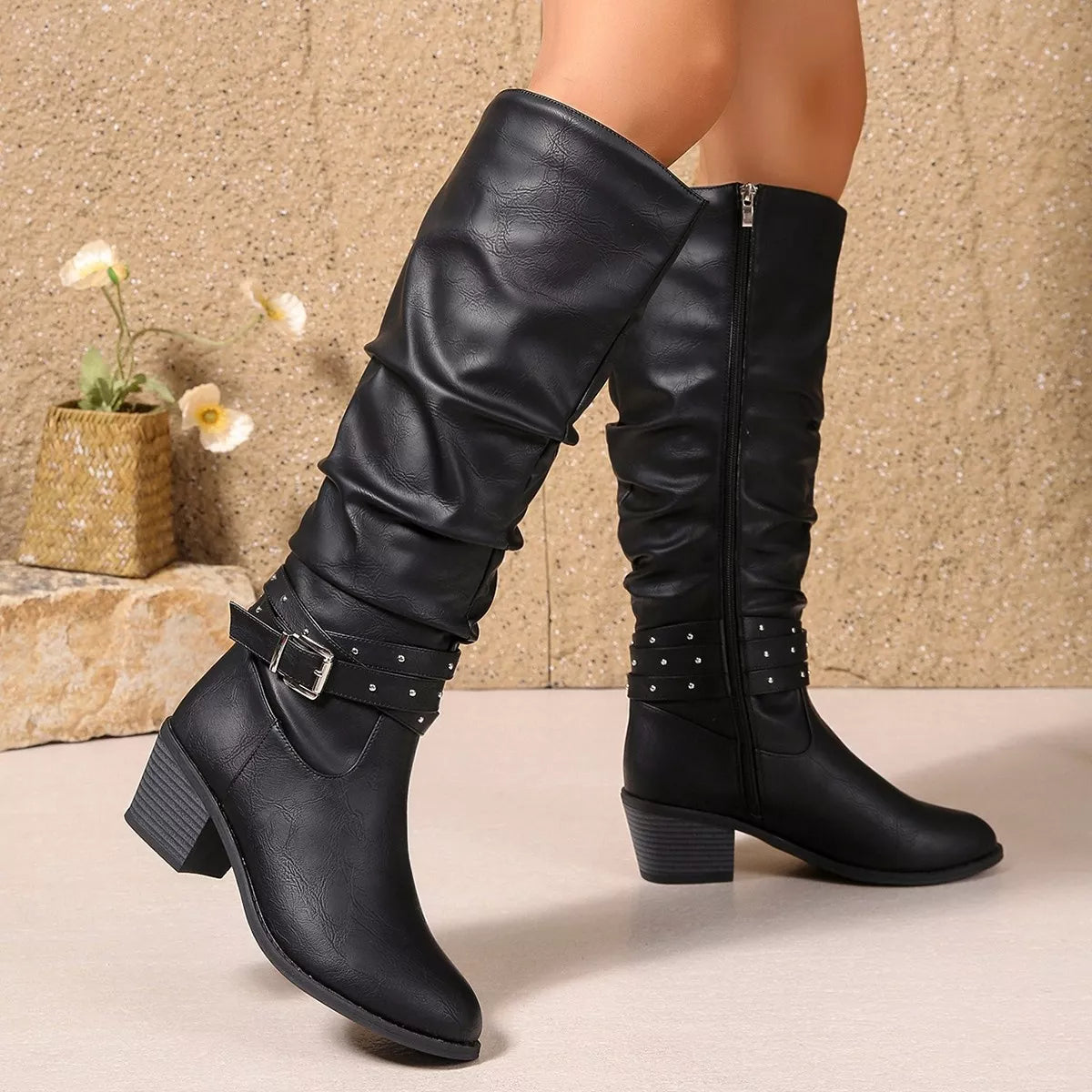Trendsi round toe block heels boots with stylish design, featuring a sleek silhouette and comfortable block heel for versatile wear.