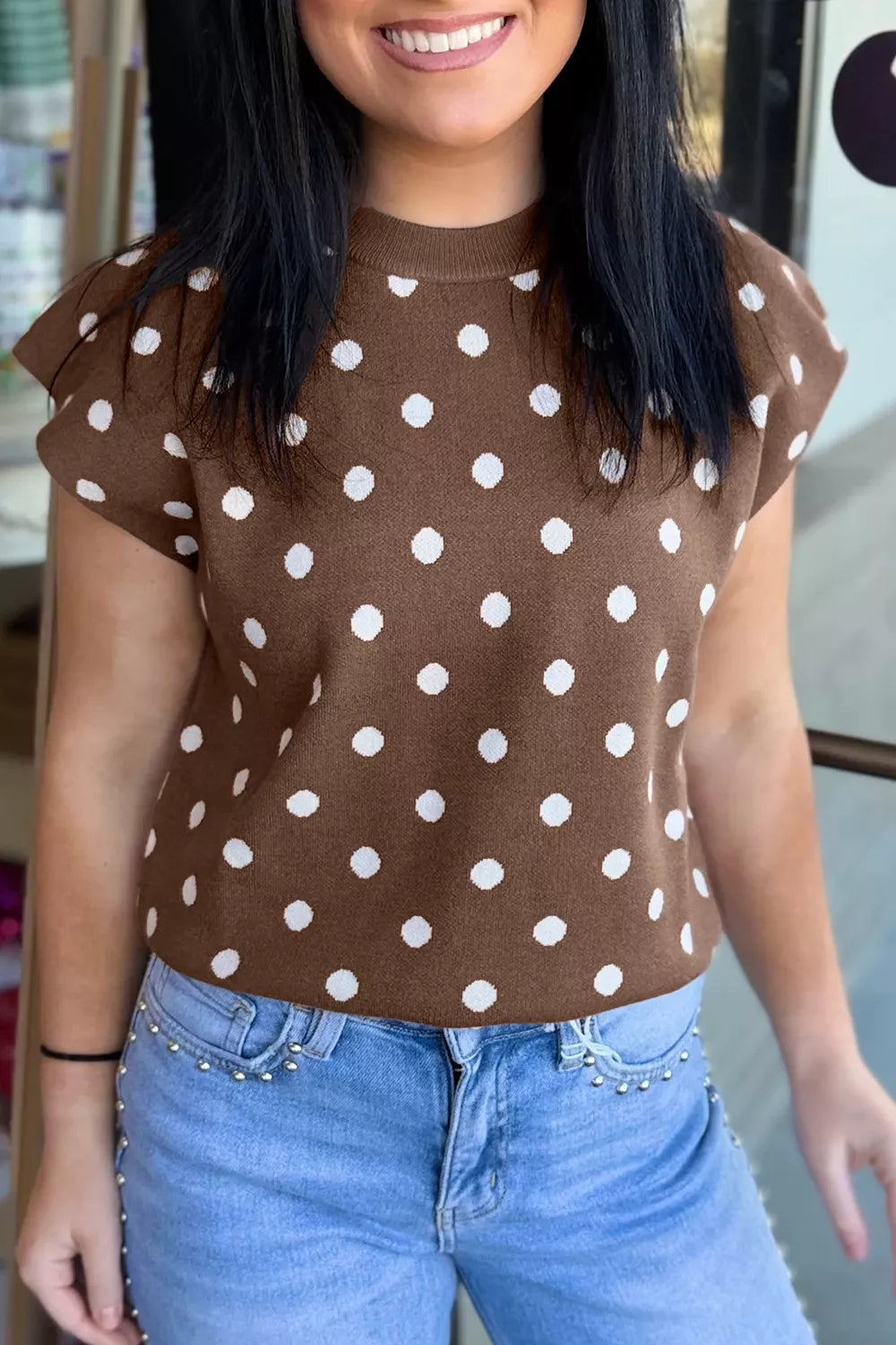 Dark brown Trendsi Dolman short sleeve polka dot sweater with round neck, casual and stylish for everyday wear