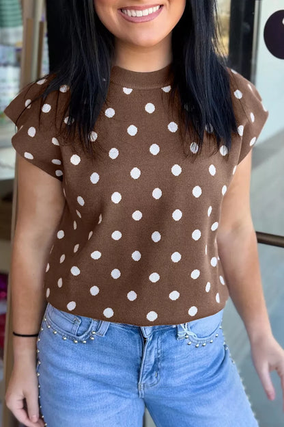 Dark brown Trendsi Dolman short sleeve polka dot sweater with round neck, casual and stylish for everyday wear