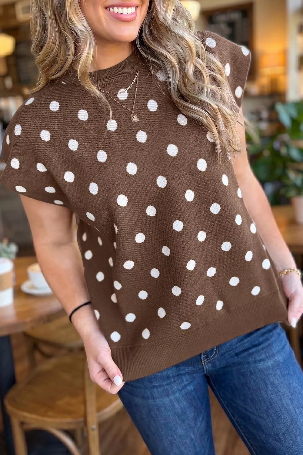 Dark brown Trendsi polka dot dolman short sleeve sweater with a round neck, stylish and comfortable for casual wear.