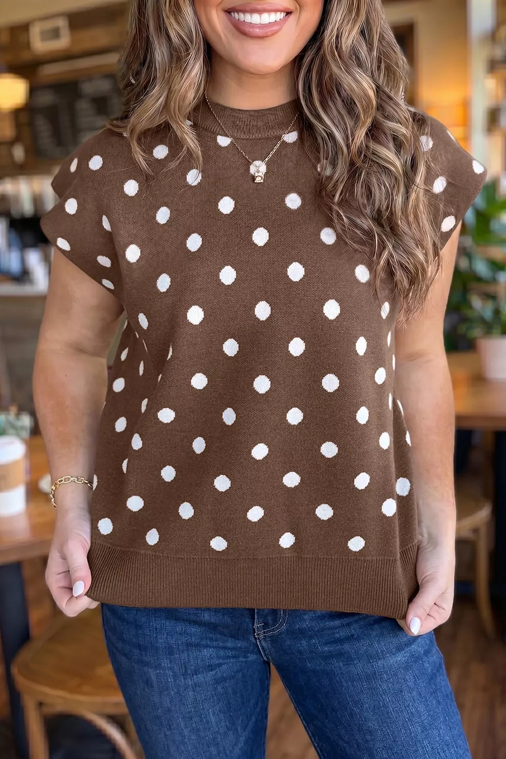 Dark brown Trendsi dolman short sleeve polka dot sweater with round neckline, lightweight and stylish for casual wear.