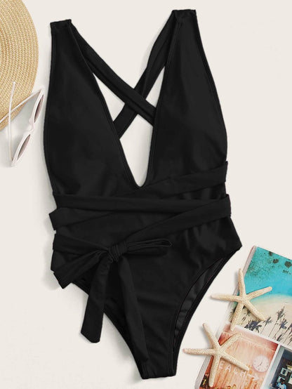 Hot pink Trendsi halter neck deep V tied one-piece swimsuit, stylish swimwear with a plunging neckline and adjustable straps.