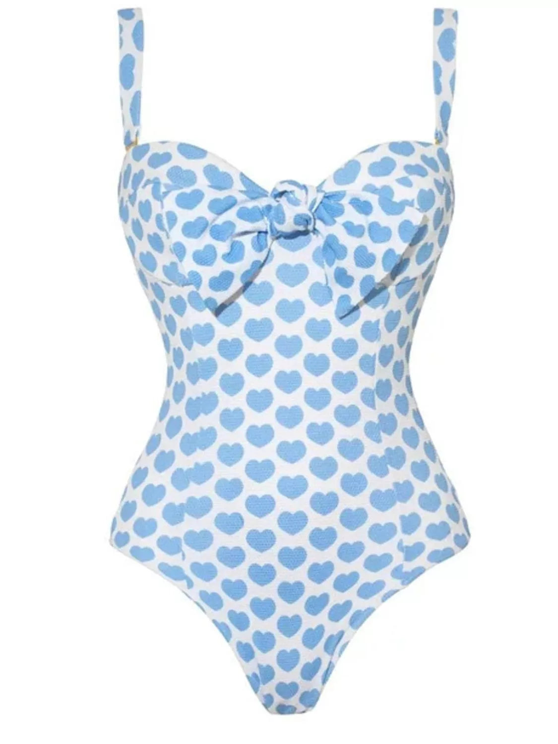Pastel blue printed one-piece swimwear and skirt set by Trendsi, featuring a stylish and comfortable beachwear ensemble.