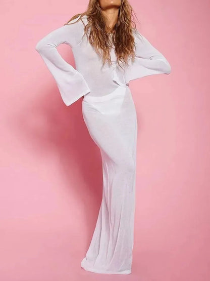 White backless long sleeve maxi swim cover-up by Trendsi, lightweight fabric, flowy design perfect for beach or poolside wear.