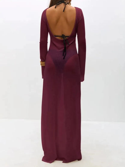 White backless long sleeve maxi swimwear cover-up by Trendsi, flowing lightweight fabric perfect for beach or poolside wear.