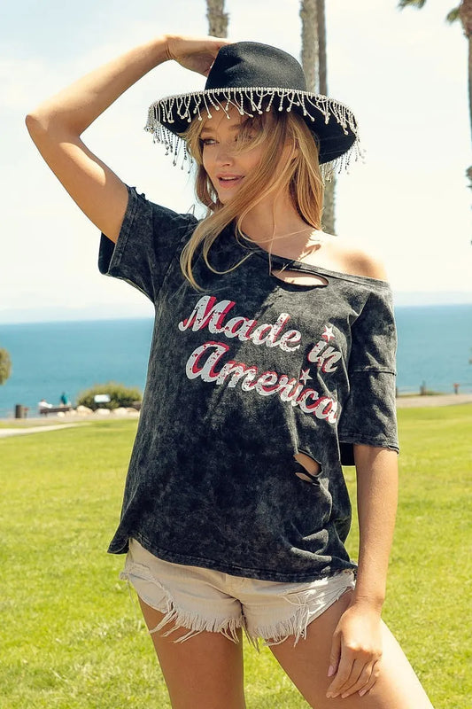 BiBi Laser Cut Mineral Washed America Print Top - Redemption By Ashley North