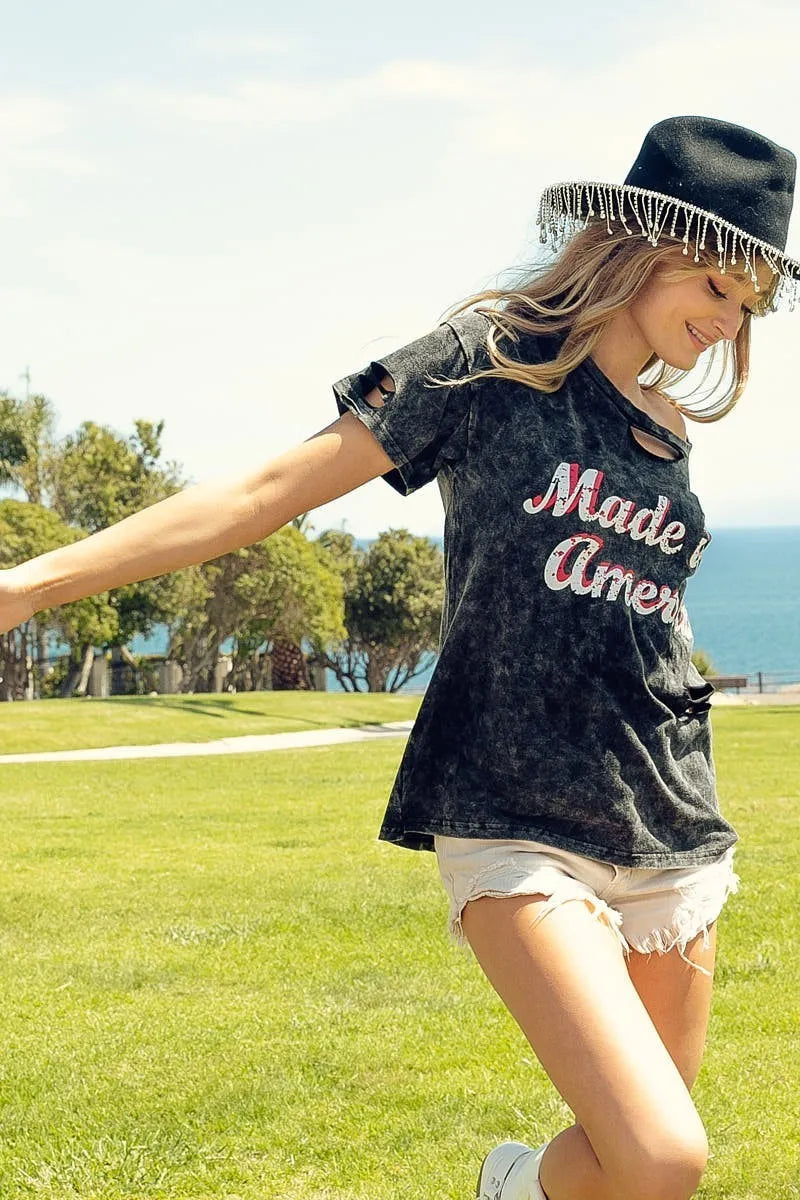 BiBi Laser Cut Mineral Washed America Print Top - Redemption By Ashley North