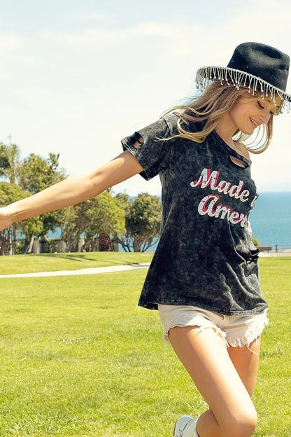 BiBi Laser Cut Mineral Washed America Print Top - Redemption By Ashley North