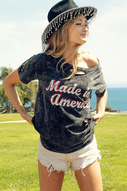 BiBi Laser Cut Mineral Washed America Print Top - Redemption By Ashley North