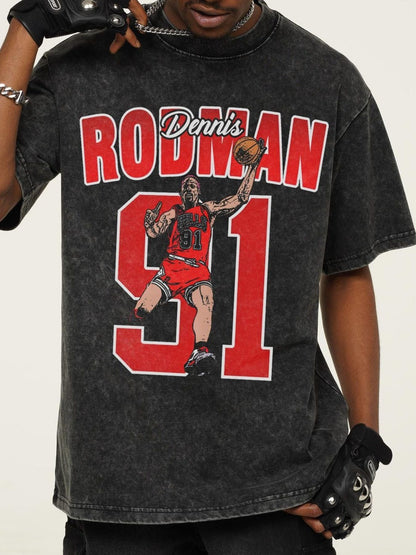 Men's dark gray graphic vintage wash T-shirt from Trendsi, showing a casual fit and retro-inspired design.