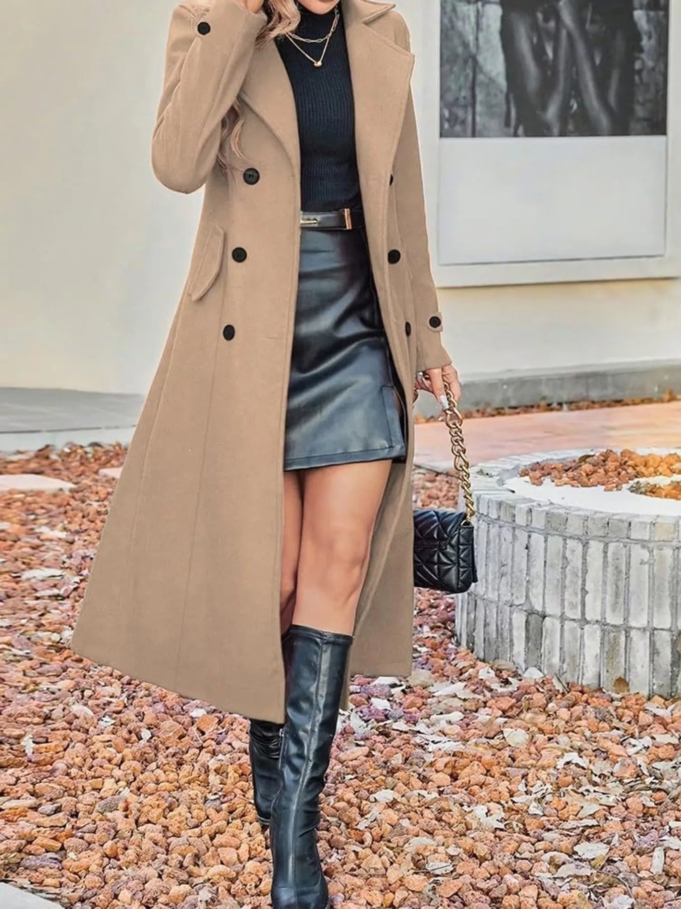 Plus size tan double-breasted longline trench coat from Trendsi, full-length style with classic collar and button details.