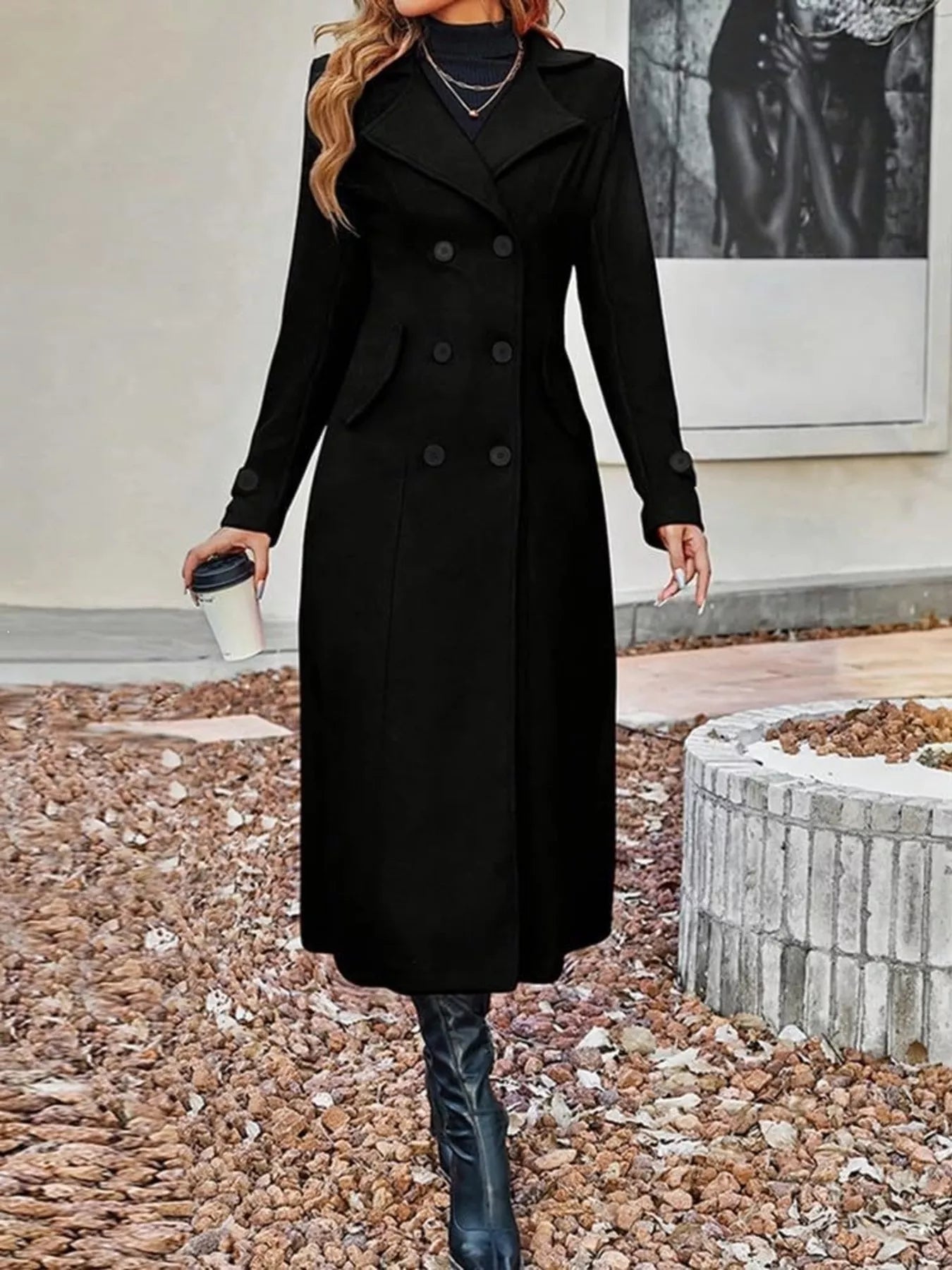 Plus size tan double-breasted longline trench coat by Trendsi, full size, stylish and lightweight outerwear with classic design.