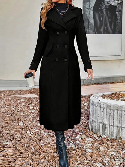 Plus size tan double-breasted longline trench coat by Trendsi, full size, stylish and lightweight outerwear with classic design.