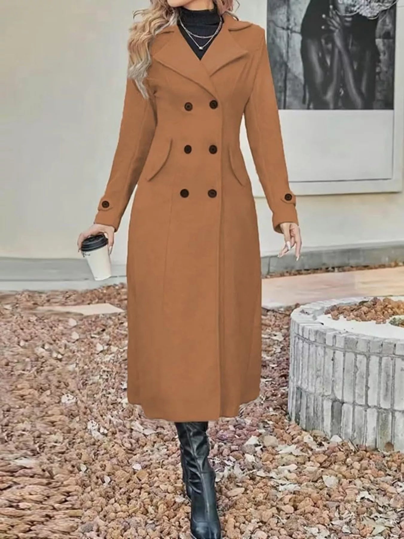Plus size tan double-breasted longline trench coat by Trendsi, full-length with classic design and stylish collar.