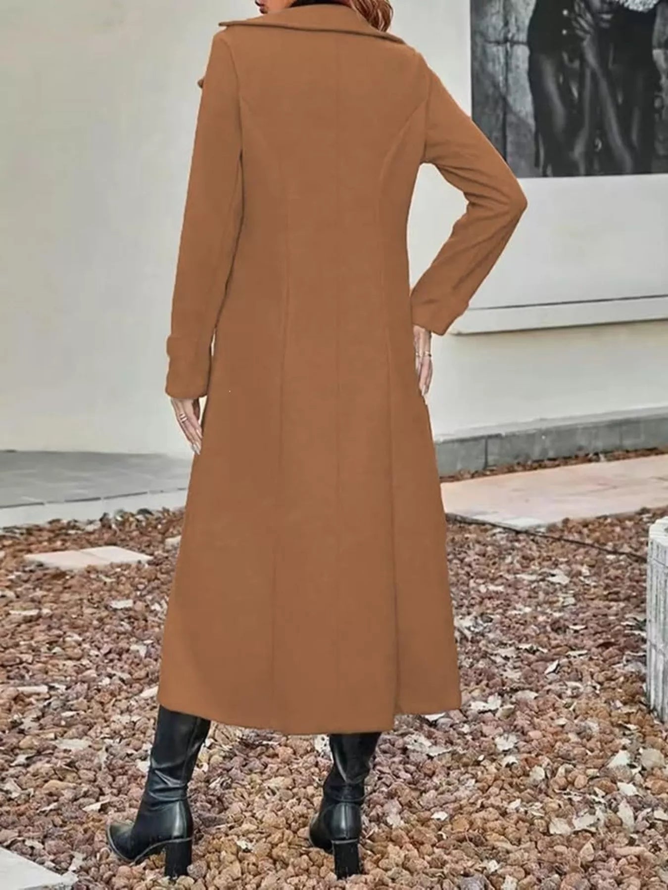 Plus size tan double-breasted longline trench coat by Trendsi, full-length design with classic style and button details.