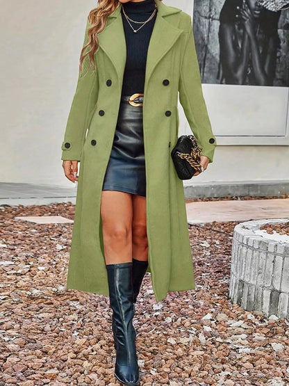 Plus size tan double-breasted longline trench coat by Trendsi, full-length with classic style and tailored fit.