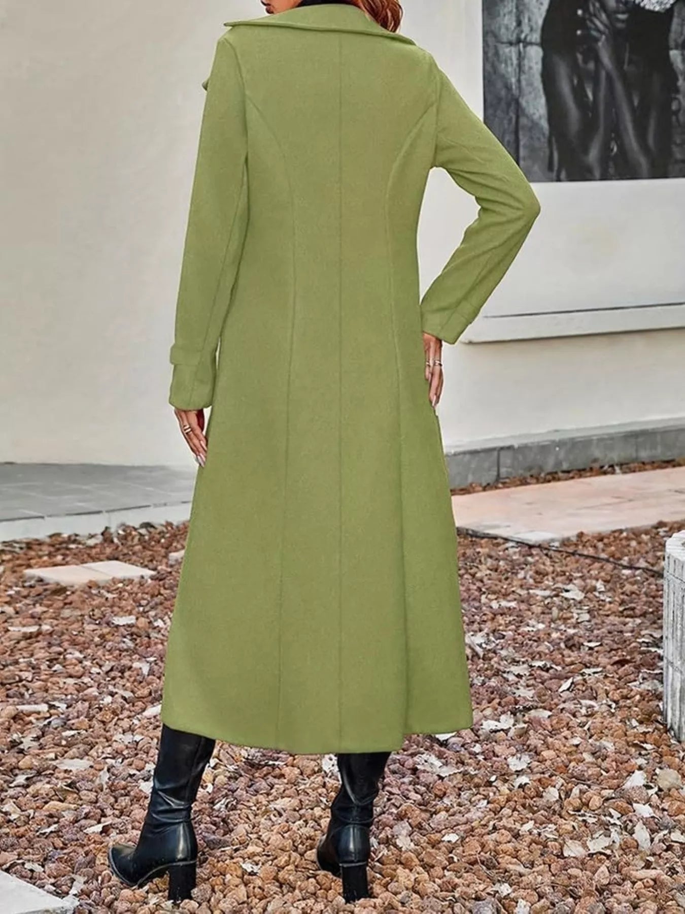 Plus size tan double-breasted longline trench coat by Trendsi, featuring a stylish, full-length design with wide lapels.
