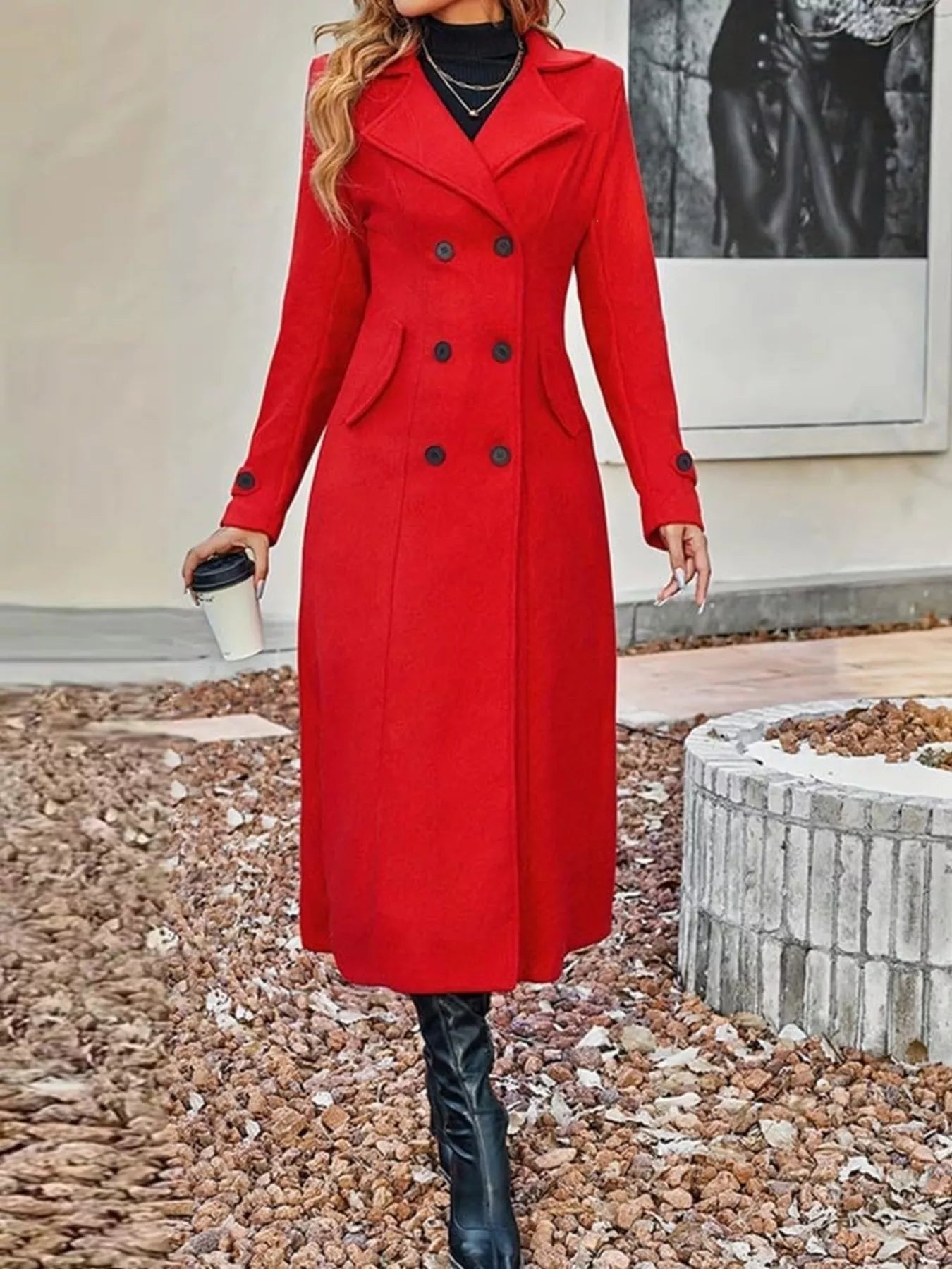 Plus size full-length tan double-breasted longline trench coat by Trendsi, stylish and warm outerwear for cooler weather.