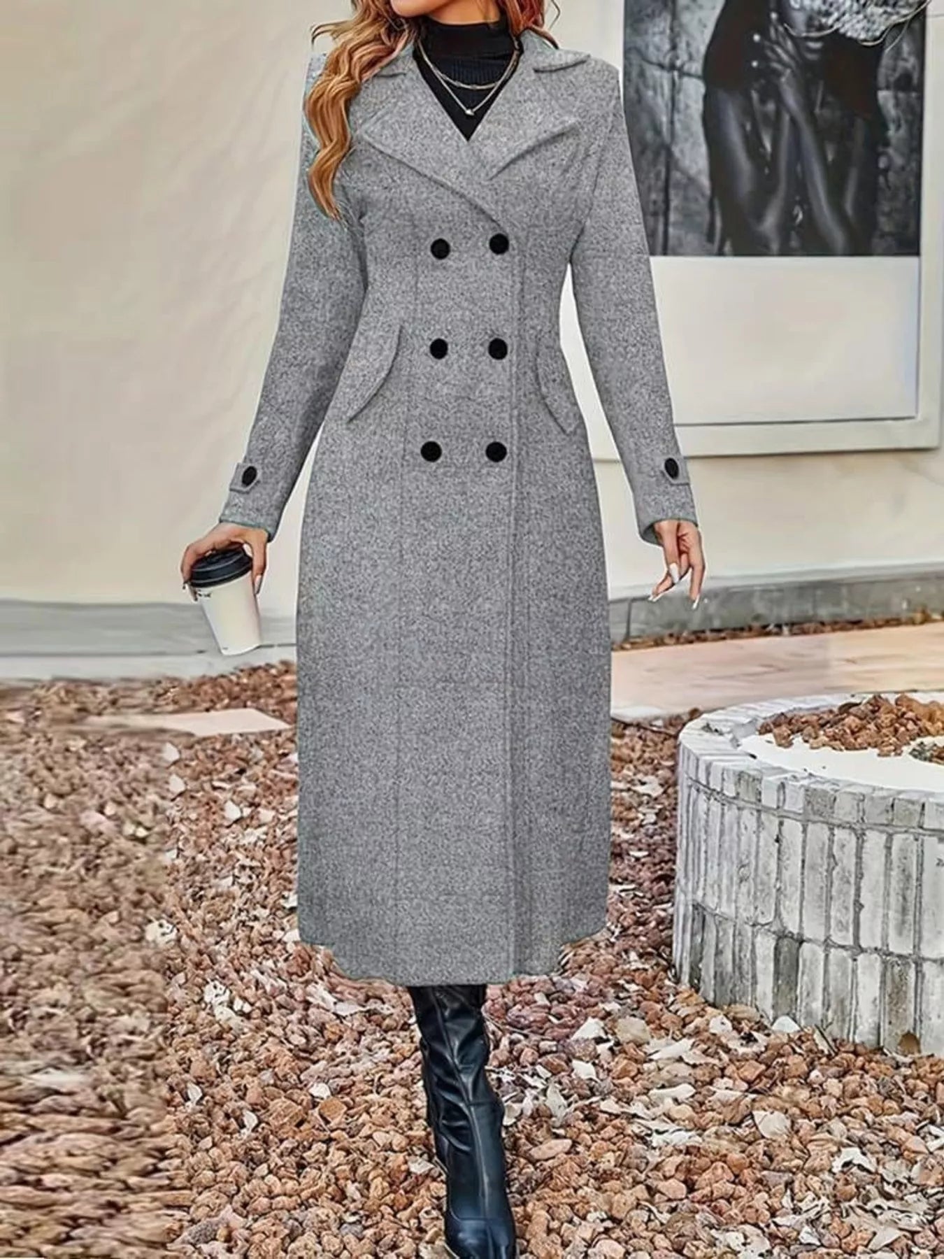 Plus size tan double-breasted longline trench coat by Trendsi, full-length view with collar and belt details.