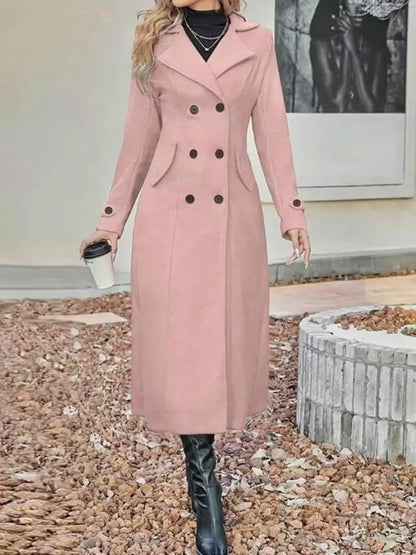 Plus size tan double-breasted longline trench coat from Trendsi, showing the stylish, full-length design and classic silhouette.