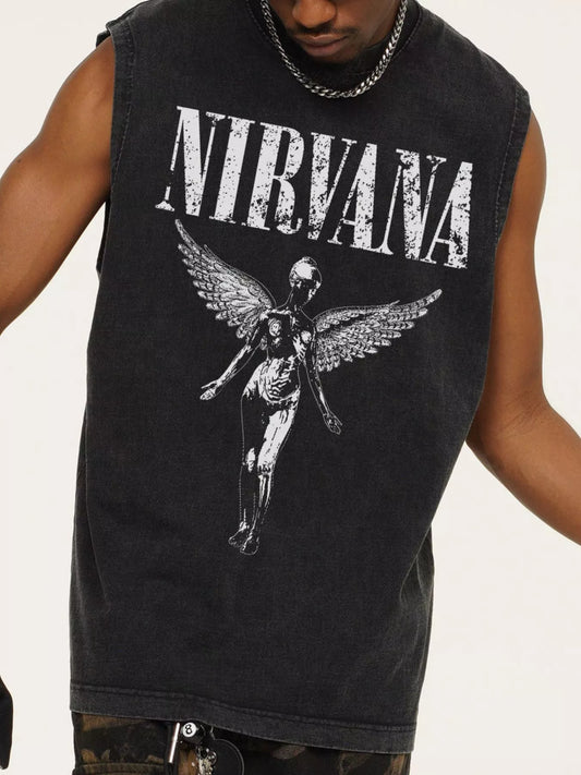 Dark gray men's graphic round neck tank top from Trendsi, showcasing a stylish sleeveless design and graphic print.