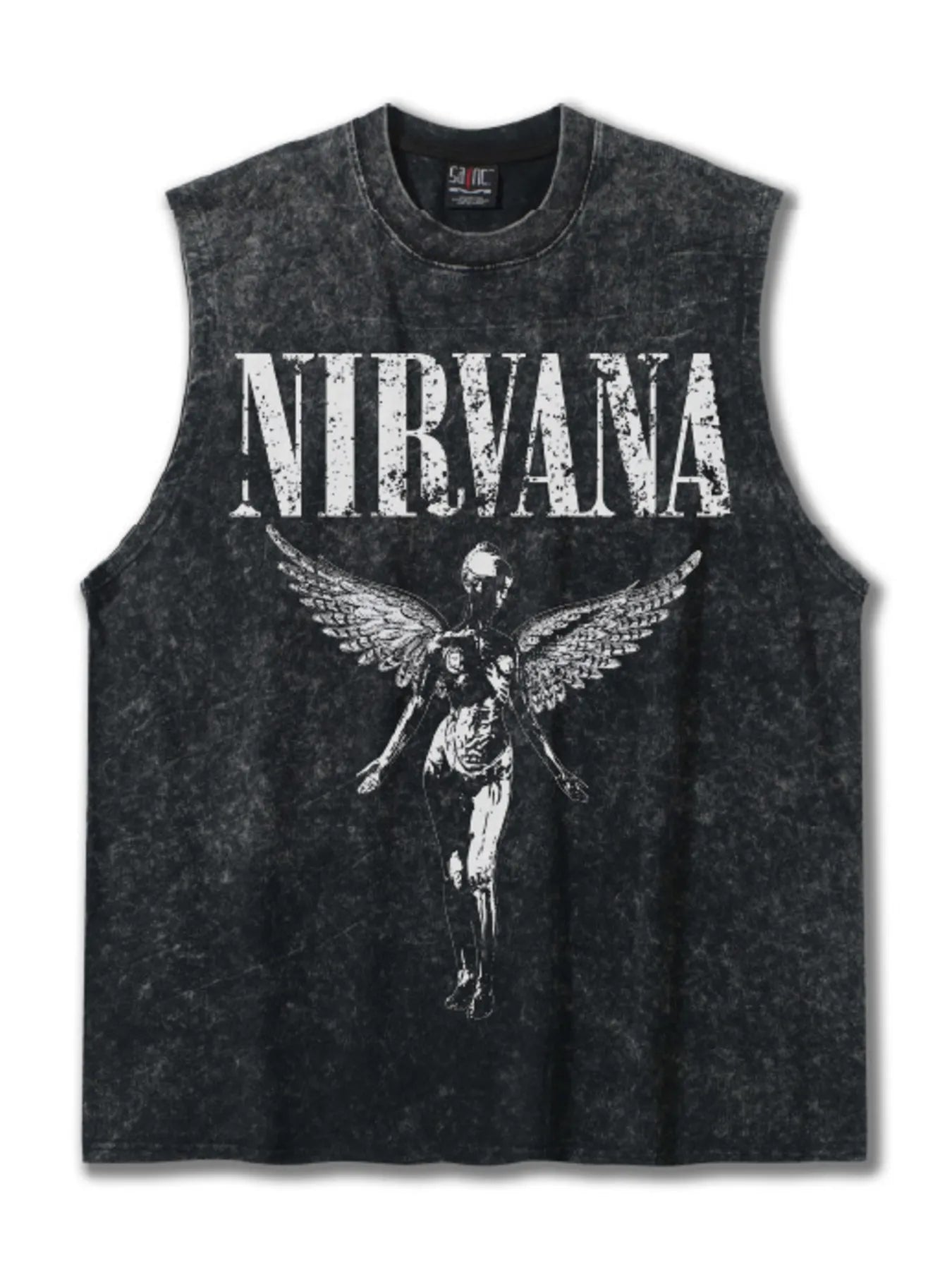 Men's dark gray graphic round neck tank top from Trendsi, featuring a casual sleeveless design and modern print.