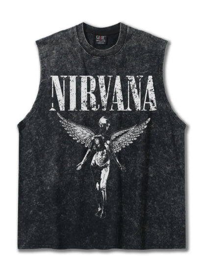 Men's dark gray graphic round neck tank top from Trendsi, featuring a casual sleeveless design and modern print.