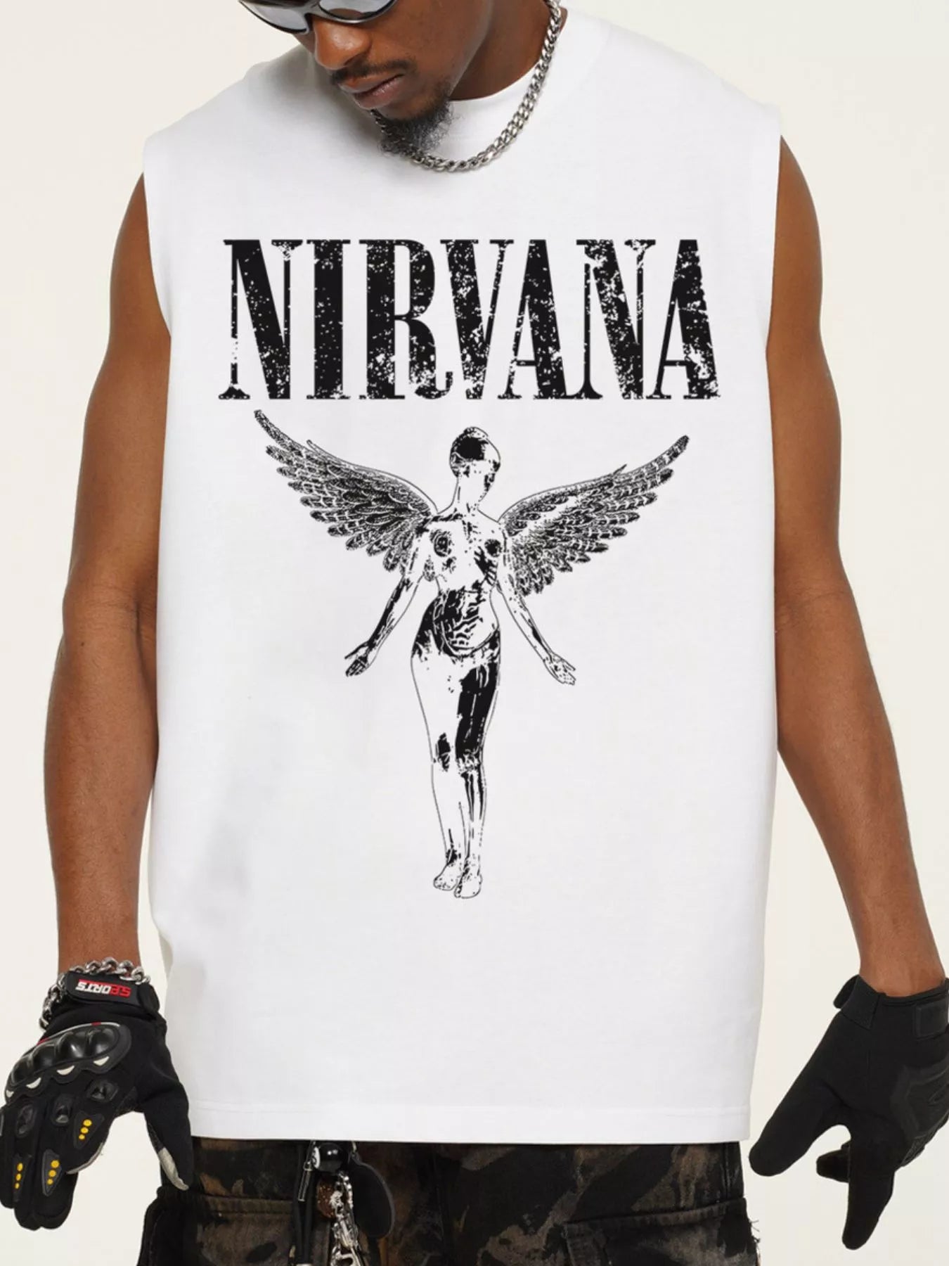 Men's dark gray graphic round neck tank top from Trendsi, casual sleeveless shirt with bold graphic design.