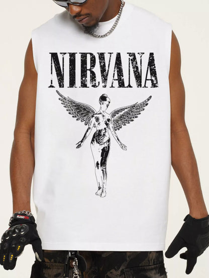 Men's dark gray graphic round neck tank top from Trendsi, casual sleeveless shirt with bold graphic design.