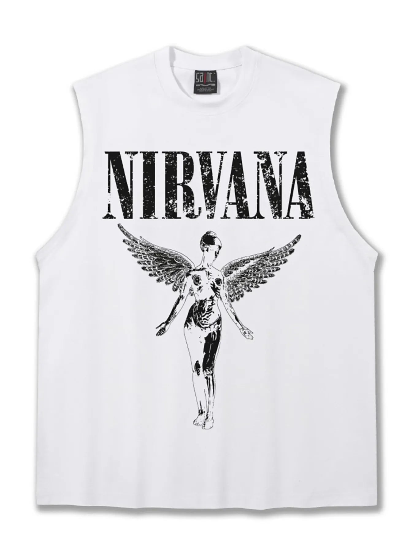 Men's dark gray graphic round neck tank top from Trendsi, featuring a casual sleeveless design and stylish print.