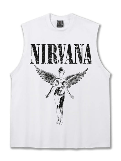 Men's dark gray graphic round neck tank top from Trendsi, featuring a casual sleeveless design and stylish print.