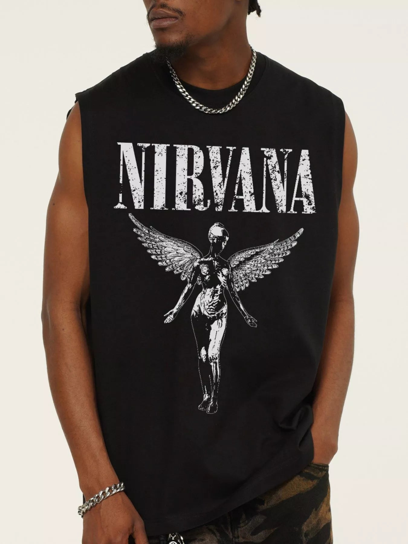 Dark gray men's graphic round neck tank top from Trendsi, showcasing a stylish sleeveless design and bold graphic print.