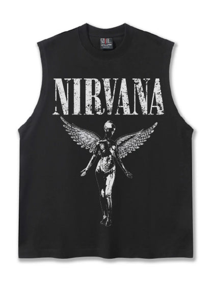 Men's dark gray graphic round neck tank top by Trendsi, casual sleeveless shirt with bold print design.