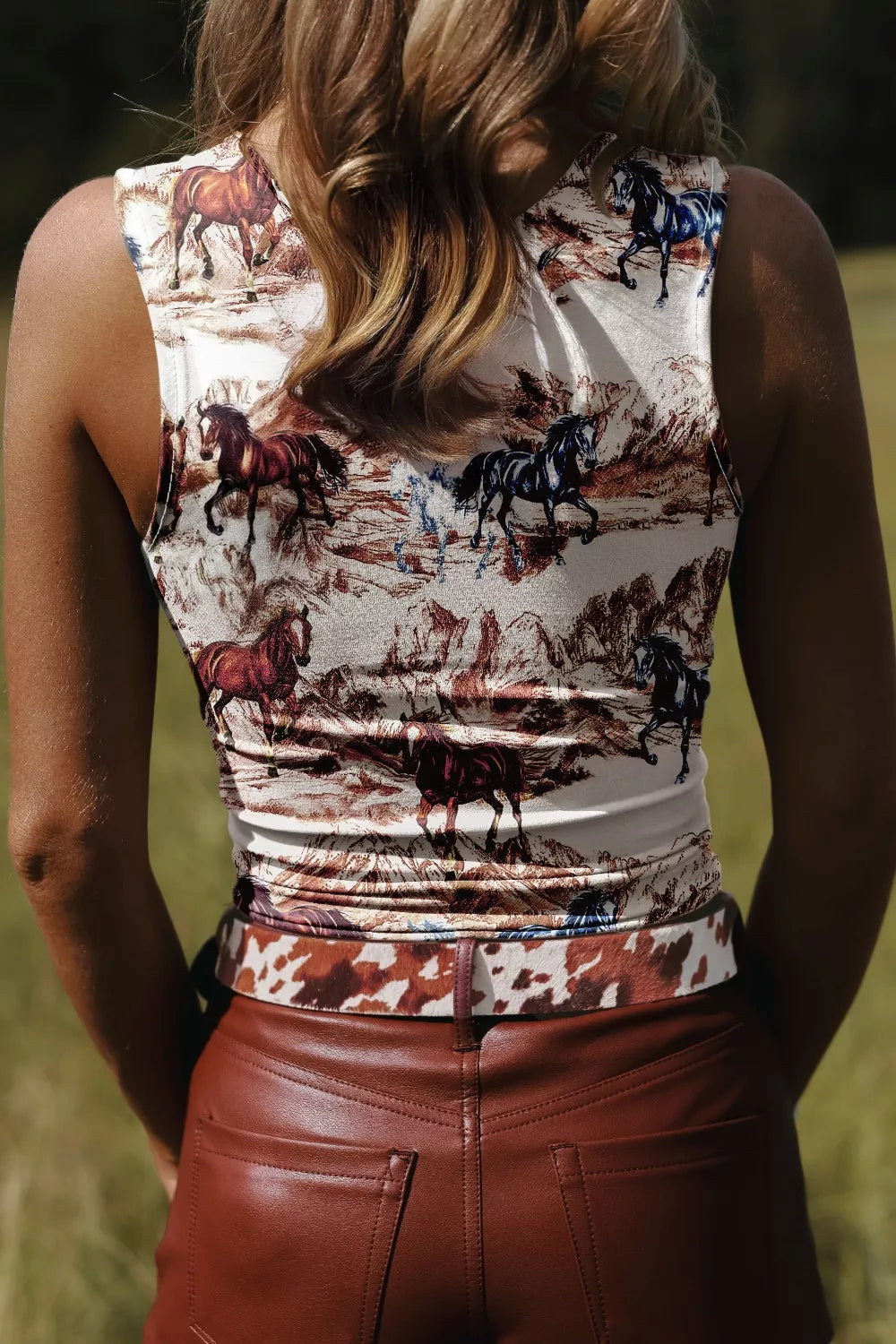 Taupe horse hat western slim tank top by Trendsi, featuring a stylish western-inspired design and sleeveless fit.