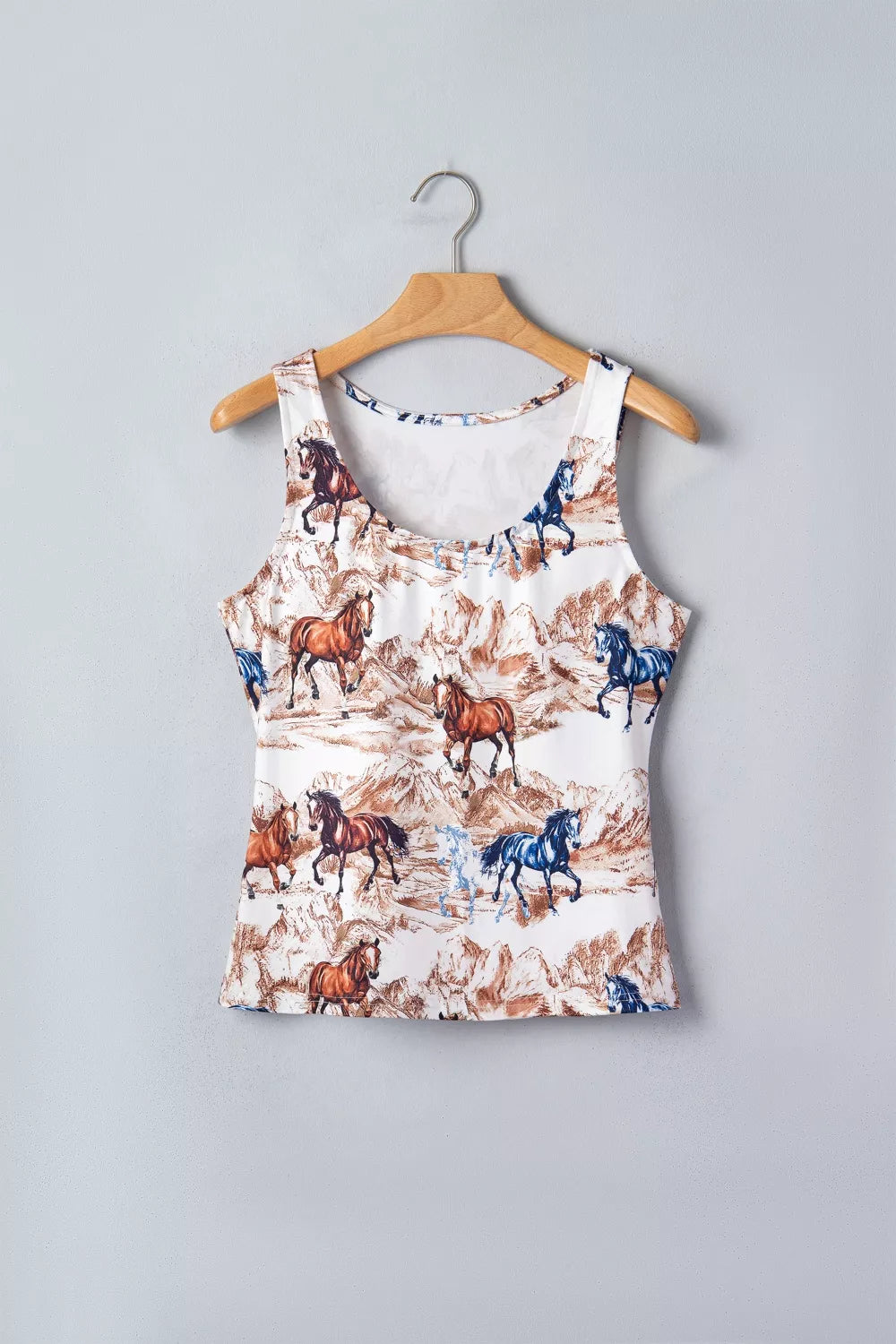 Taupe Western Slim Tank Top with horse hat print from Trendsi, lightweight sleeveless shirt for casual western style.