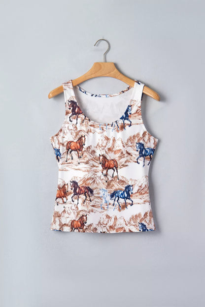 Taupe Western Slim Tank Top with horse hat print from Trendsi, lightweight sleeveless shirt for casual western style.
