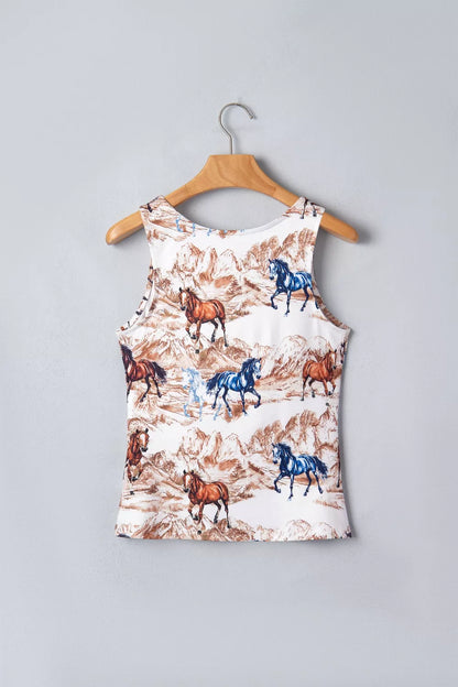 Taupe Western slim tank top with horse hat graphic from Trendsi, featuring a casual fit and western-inspired style.
