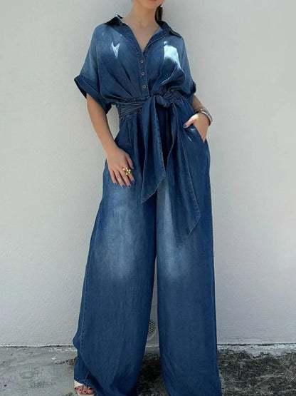 Vintage blue Trendsi button front wide leg denim jumpsuit with classic fit and stylish design.