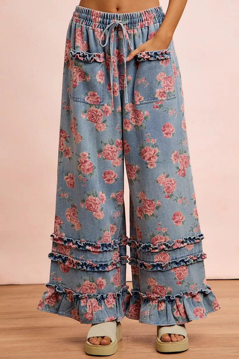 BiBi Washed Floral Denim With Ruffle Elastic Wide Pants - Redemption By Ashley North