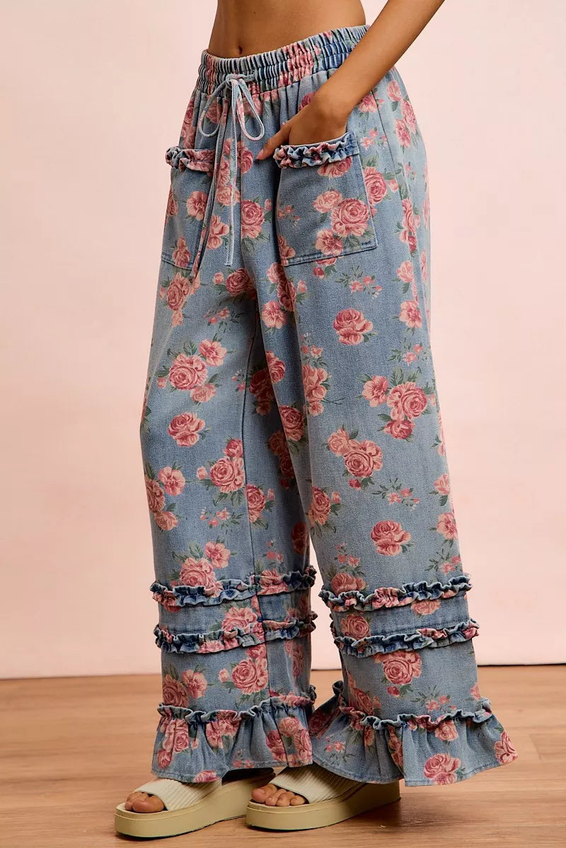 BiBi Washed Floral Denim With Ruffle Elastic Wide Pants - Redemption By Ashley North