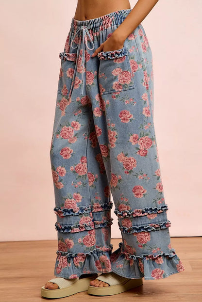 BiBi Washed Floral Denim With Ruffle Elastic Wide Pants - Redemption By Ashley North