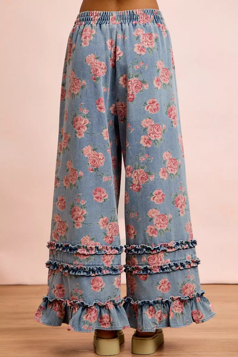 BiBi Washed Floral Denim With Ruffle Elastic Wide Pants - Redemption By Ashley North