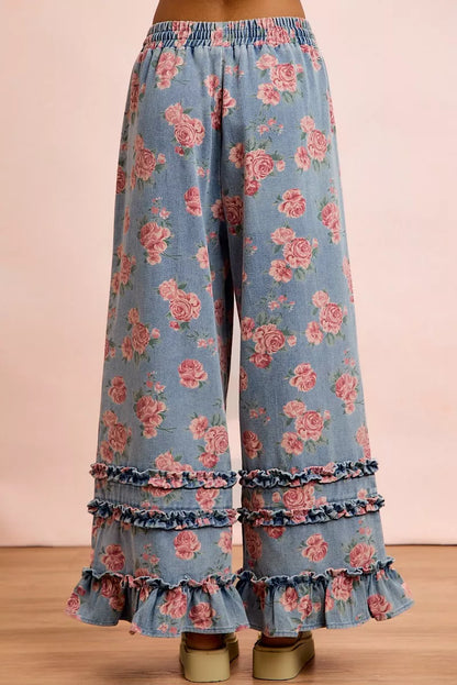 BiBi Washed Floral Denim With Ruffle Elastic Wide Pants - Redemption By Ashley North