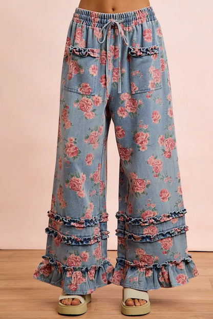 BiBi Washed Floral Denim With Ruffle Elastic Wide Pants - Redemption By Ashley North